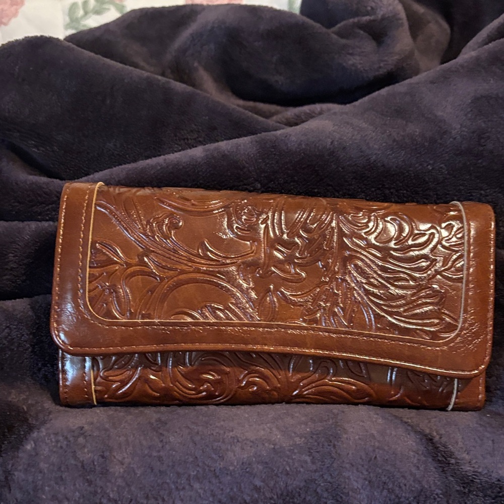 embossed brown floral leather wallet - women's clutch wallet